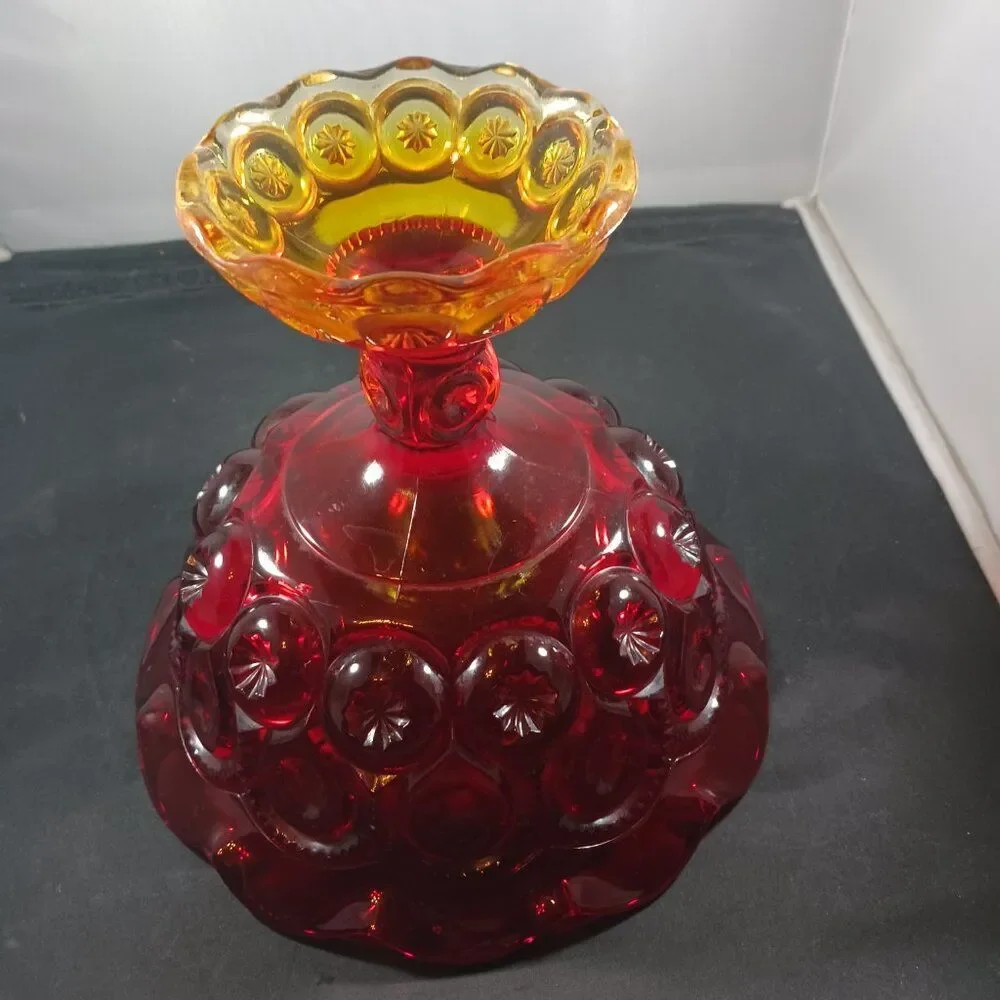 LE Smith Moon & Stars Red Orange Glass Pedestal Footed Compote Candy Dish Bowl
